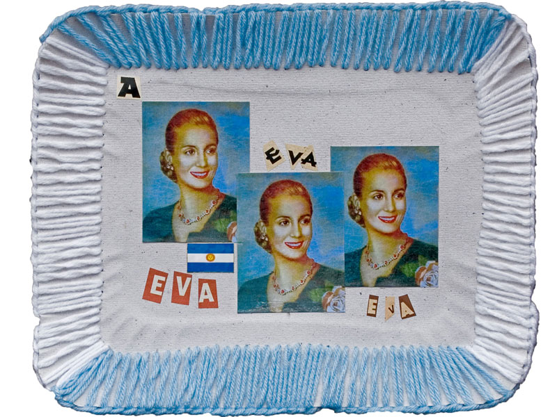 Eva, papel collage y bordado sobre bandeja de cartón, 2010