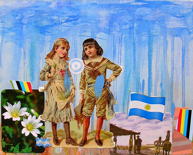 Los niños, acrílico y papel collage sobre tela,18 x 24 cm, 2006.