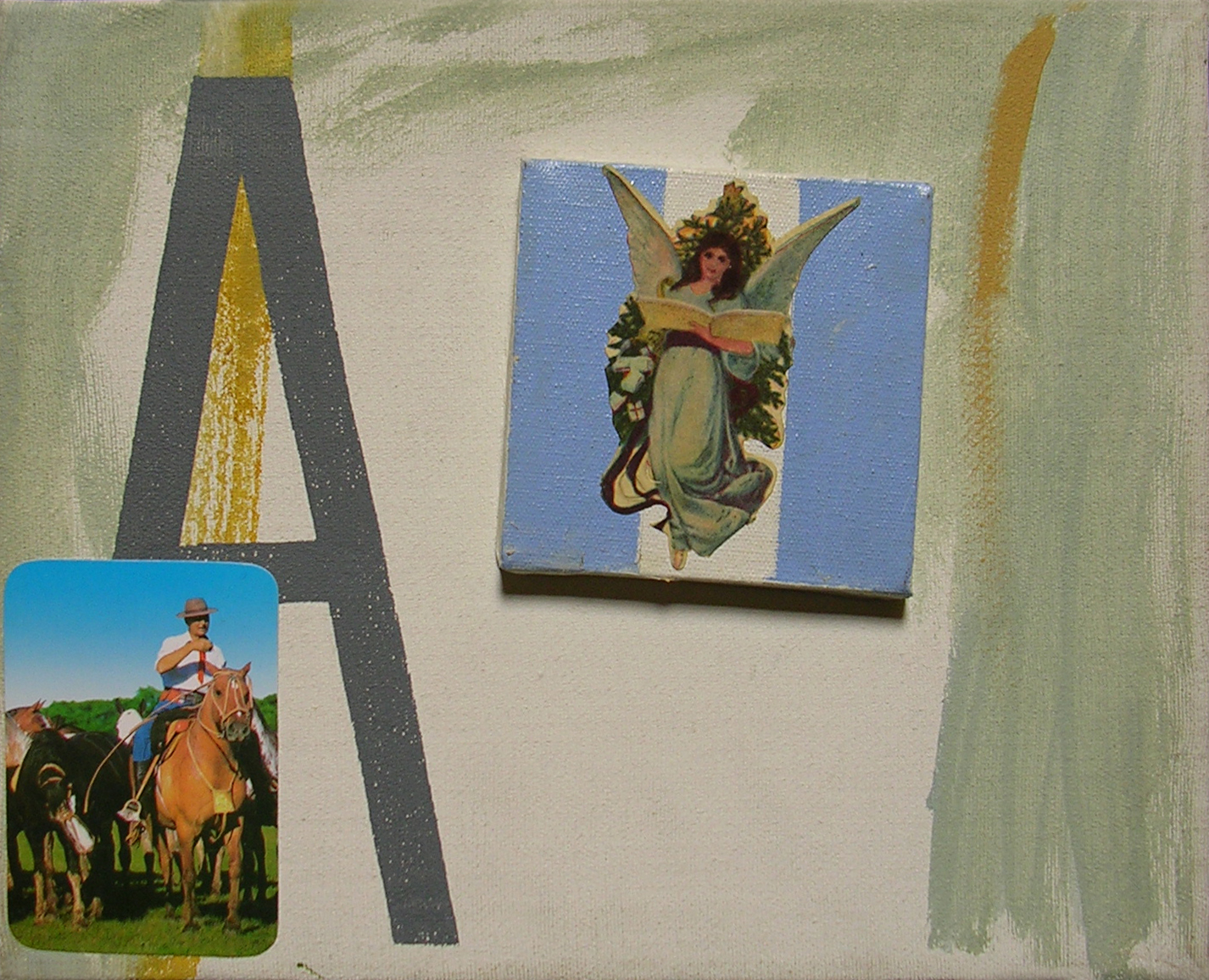 Abecedario A; objetos ensamblados, tela, papel sobre bastidor, 30 cm x 40 cm, 2007