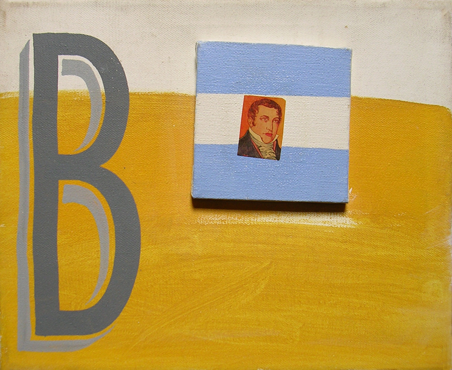 Abecedario Belgrano; objetos ensamblados, tela, papel sobre bastidor, 30 cm x 40 cm, 2007