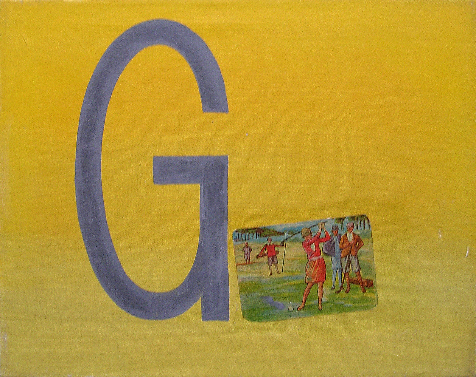 Abecedario G Golf; objetos ensamblados, tela, papel sobre bastidor, 30 cm x 40 cm, 2007