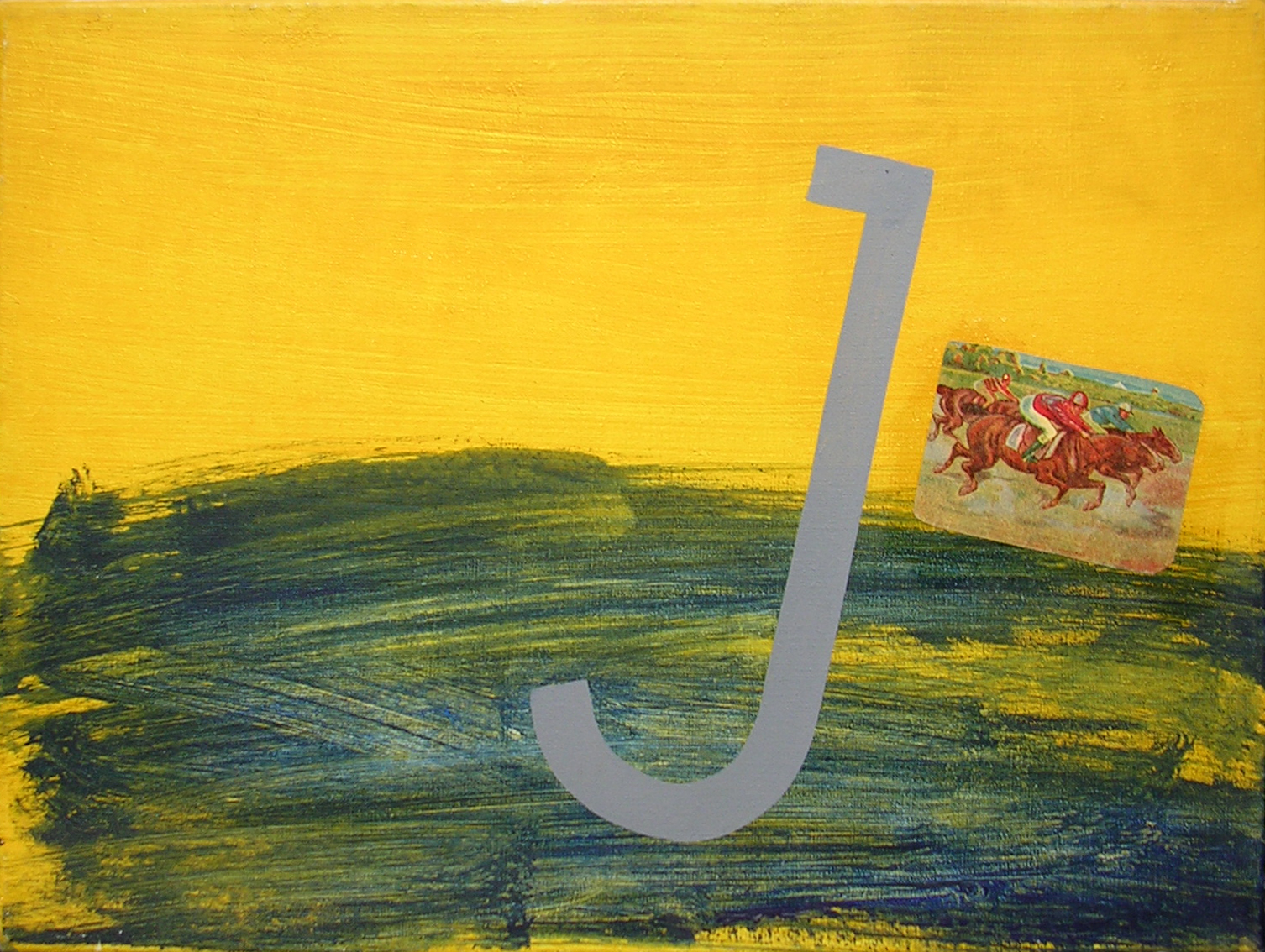 Abecedario  J; objetos ensamblados, tela, papel sobre bastidor, 30 cm x 40 cm, 2007