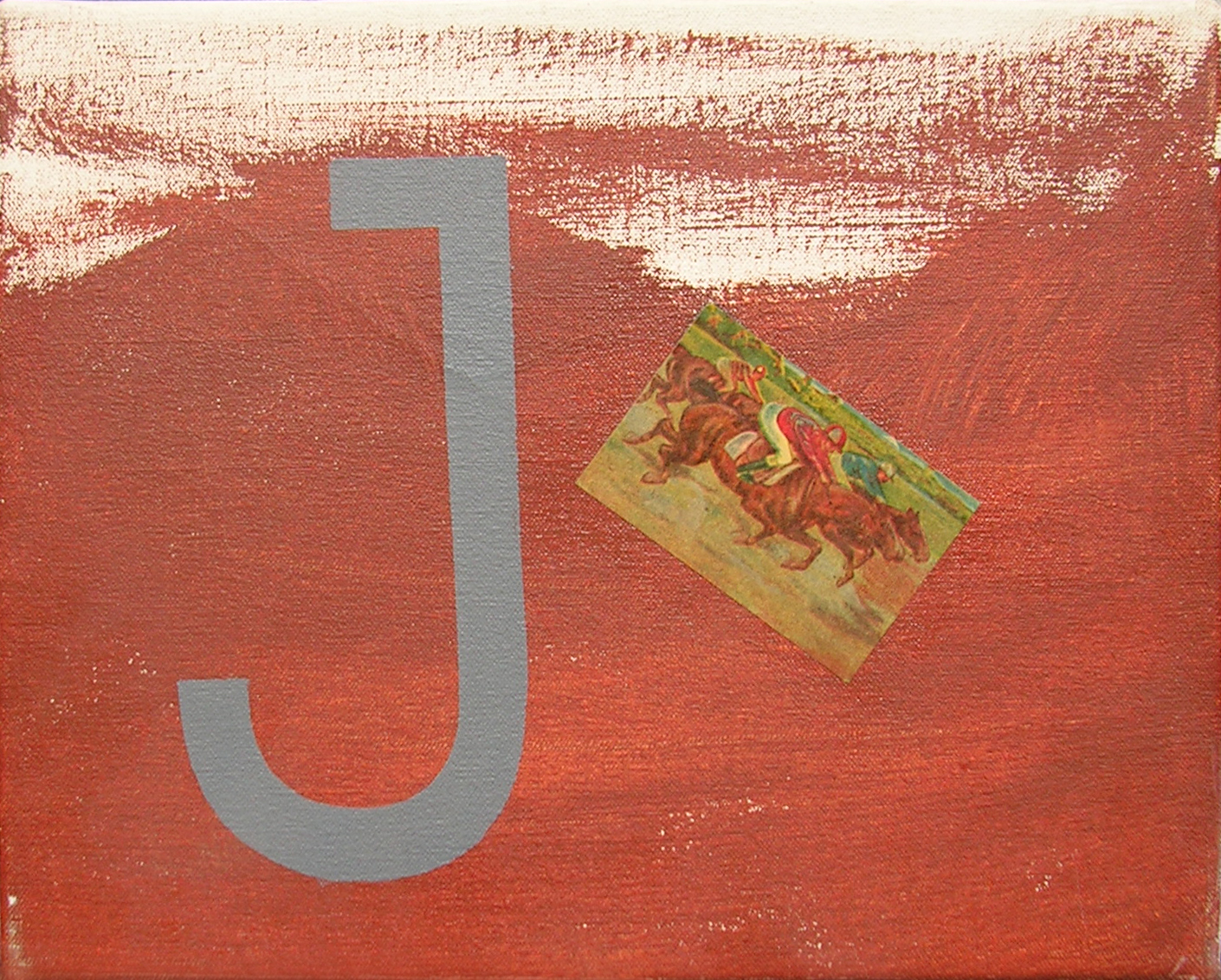Abecedario J ; objetos ensamblados, tela, papel sobre bastidor, 30 cm x 40 cm, 2007