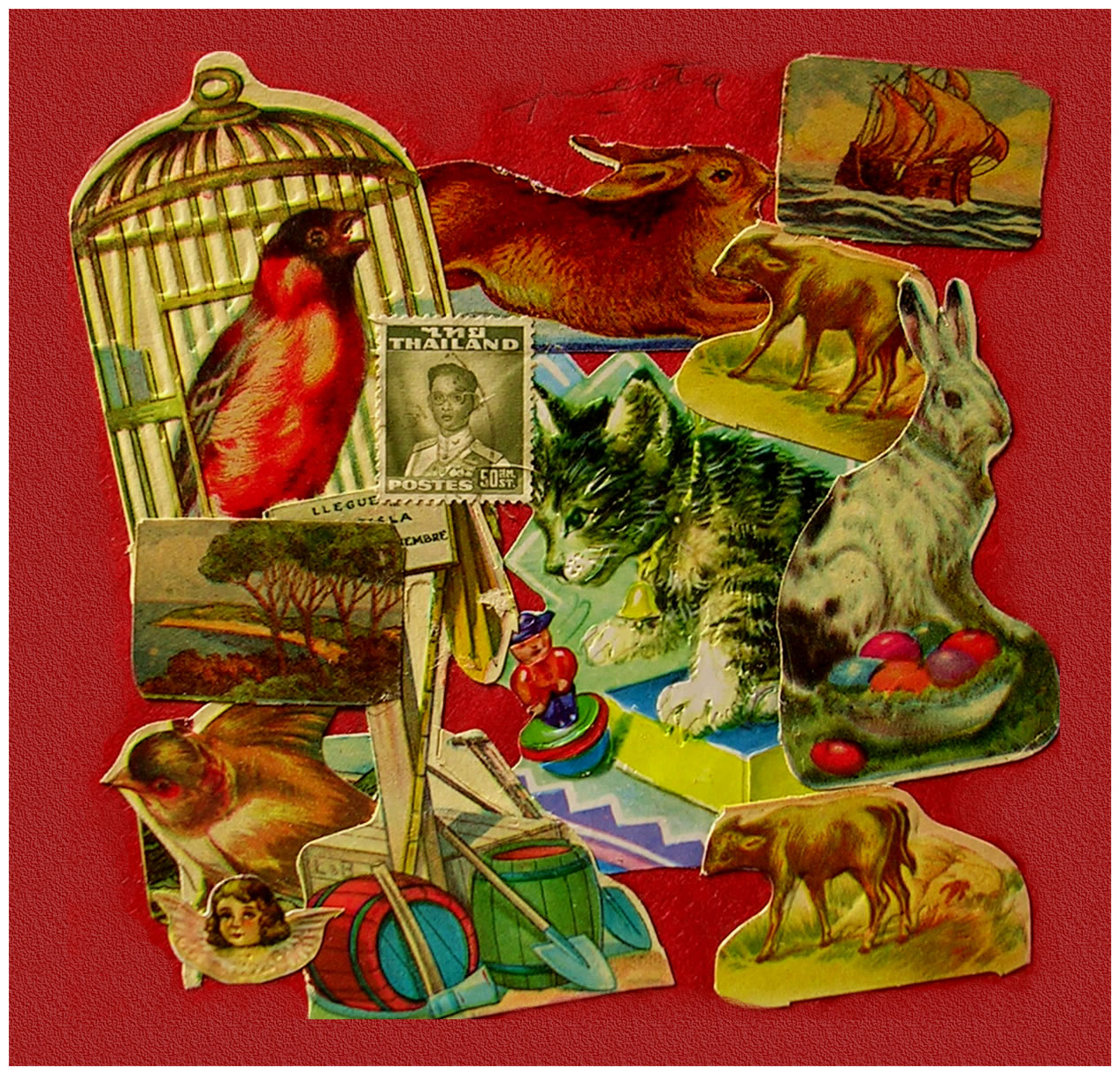 Animales y la Jaula, papel collage, 15 cm x 15 cm, 1999
