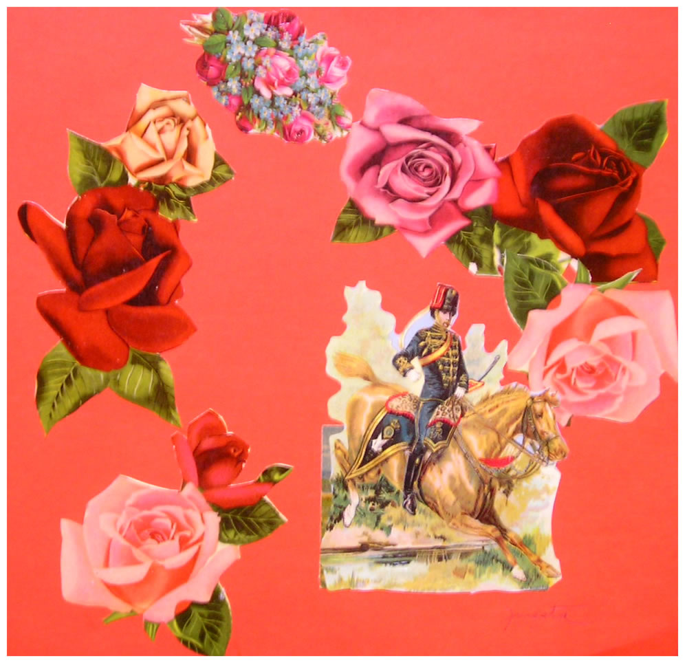 El jinetey las flores,  papel collage, 15 cm x 15 cm, 1999