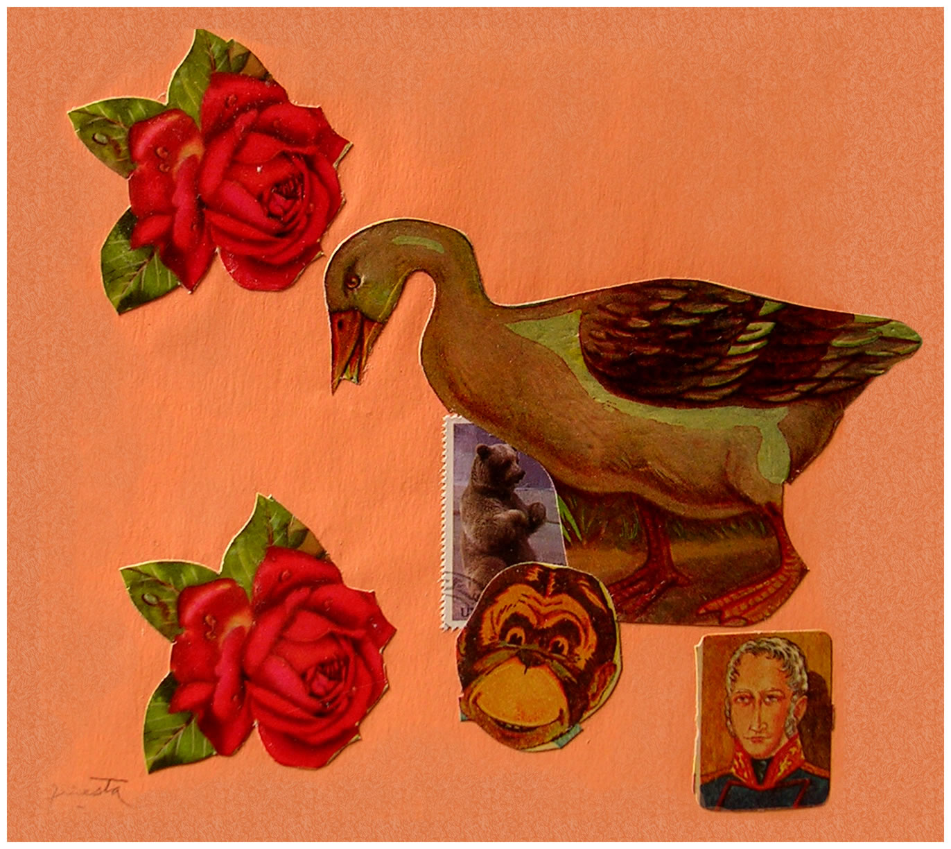 El pato y el mono,  papel collage, 15 cm x 15 cm, 1999