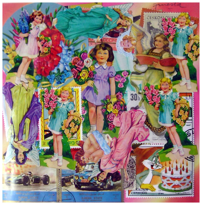 Las niñas en primavera,  papel collage, 15 cm x 15 cm, 1999