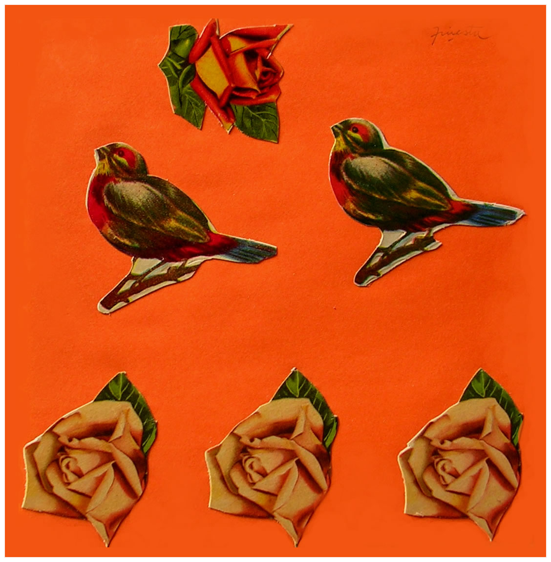 Pájaros y rosas II,  papel collage, 15 cm x 15 cm, 1999