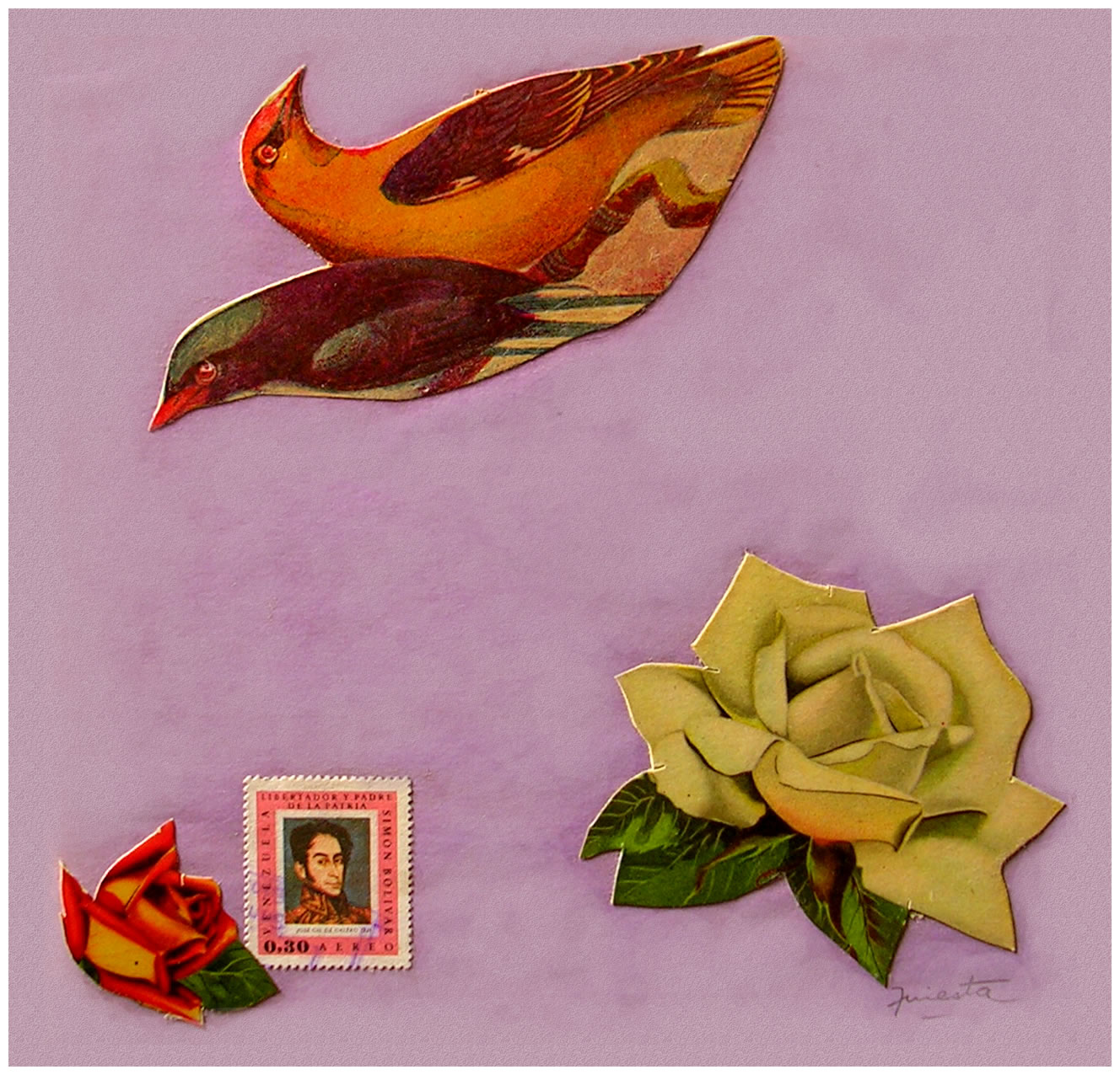Pájaros y rosas,  papel collage, 15 cm x 15 cm, 1999