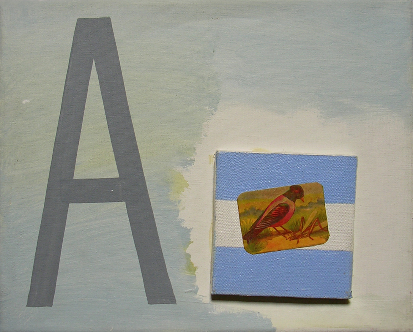 Abecedario A; objetos ensamblados, tela, papel sobre bastidor, 30 cm x 40 cm, 2007