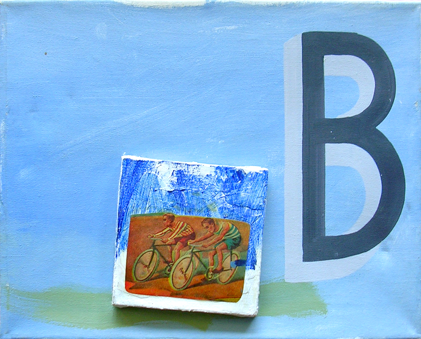 Abecedario B Bicicleta; objetos ensamblados, tela, papel sobre bastidor, 30 cm x 40 cm, 2007