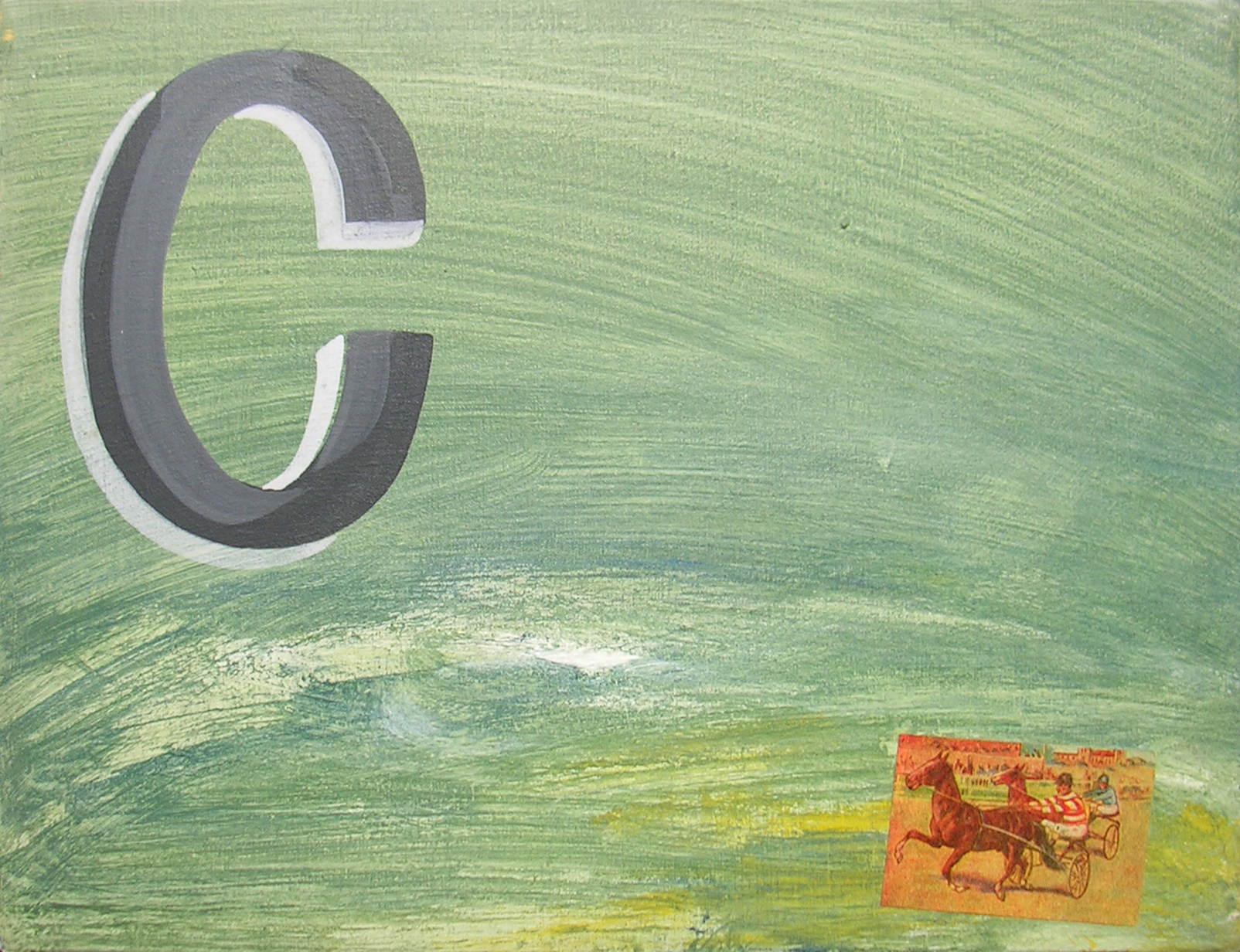 Abecedario C; objetos ensamblados, tela, papel sobre bastidor, 30 cm x 40 cm, 2007