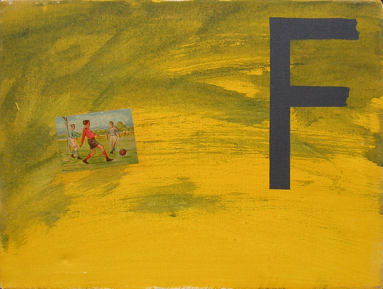 Abecedario F Fútbol; objetos ensamblados, tela, papel sobre bastidor, 30 cm x 40 cm, 2007