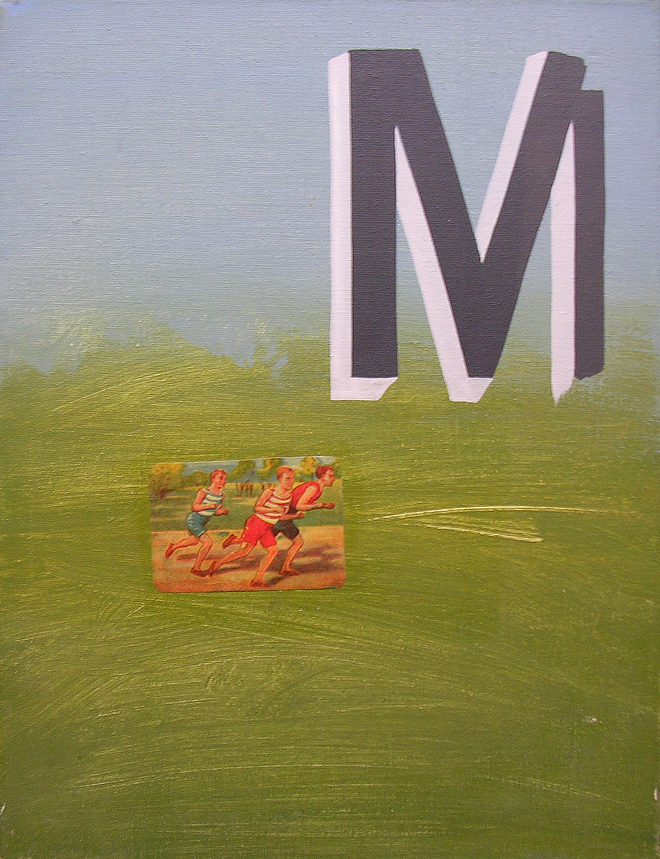 Abecedario M Maratón ; objetos ensamblados, tela, papel sobre bastidor, 30 cm x 40 cm, 2007