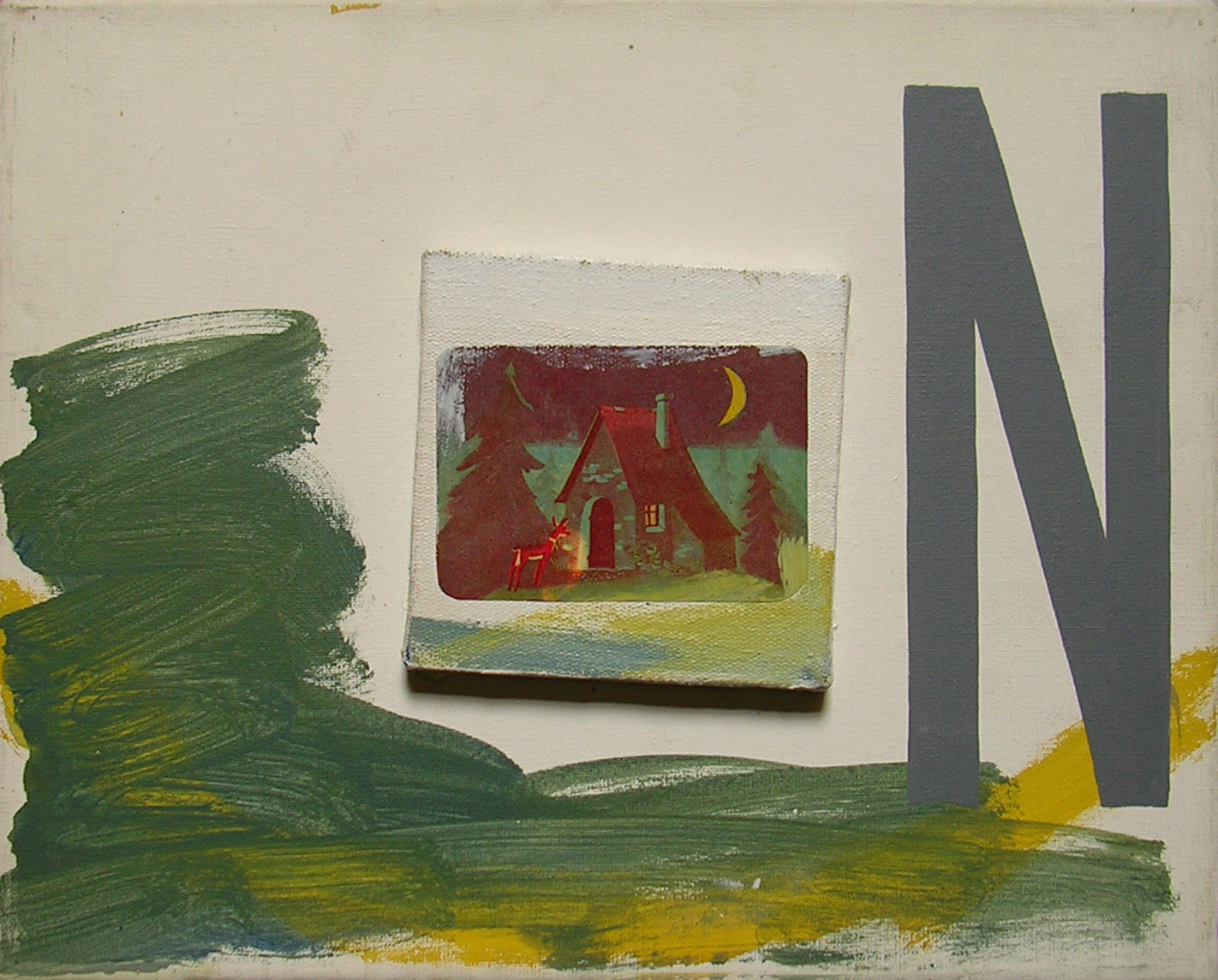Abecedario N Noche ; objetos ensamblados, tela, papel sobre bastidor, 30 cm x 40 cm, 2007