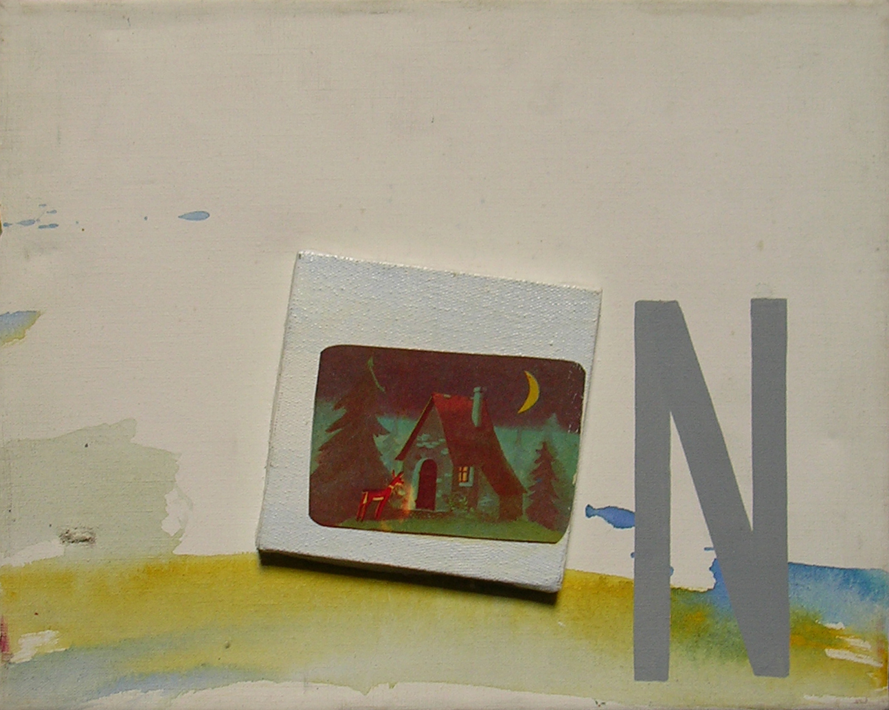 Abecedario N Noche ; objetos ensamblados, tela, papel sobre bastidor, 30 cm x 40 cm, 2007