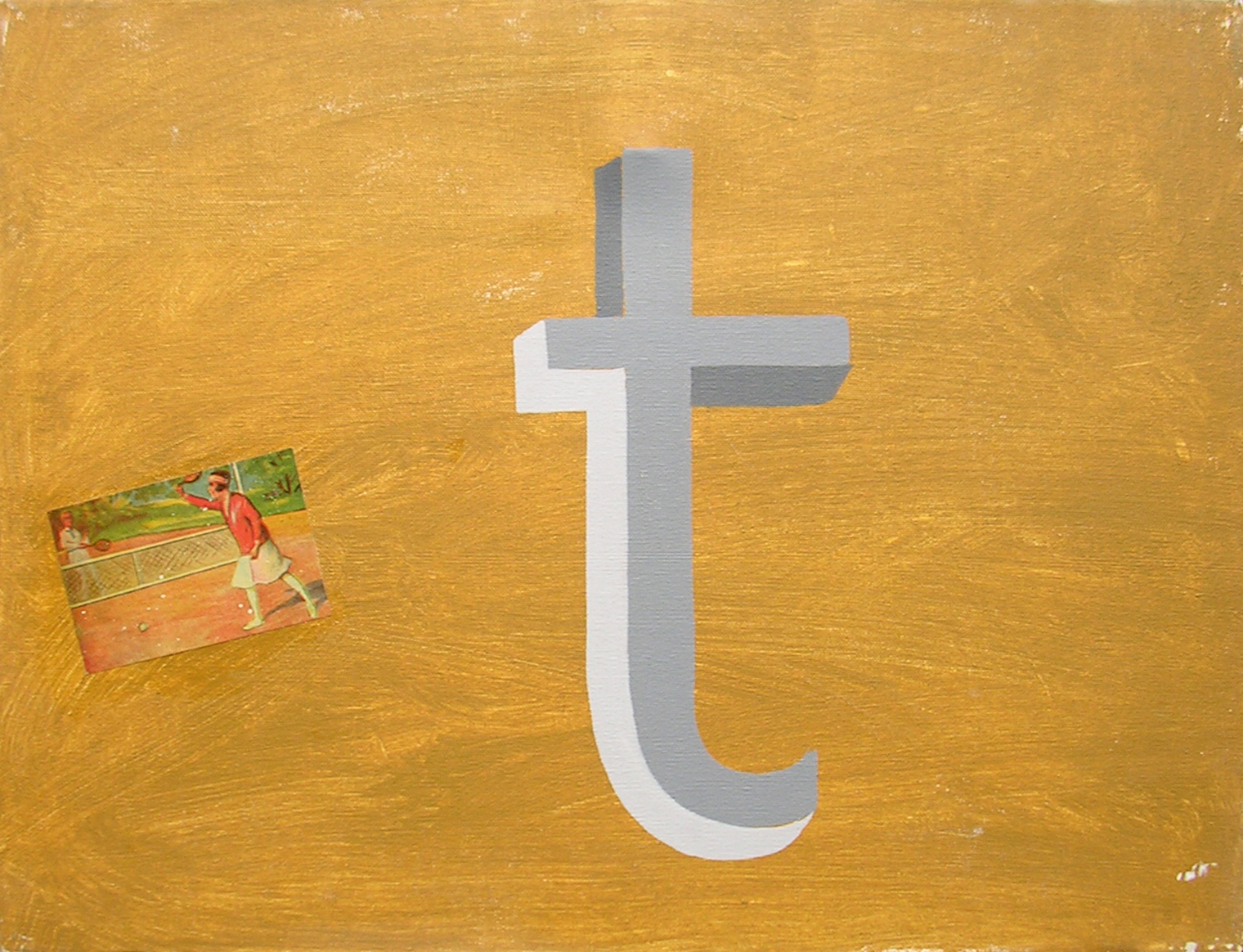 Abecedario T Tenis ; objetos ensamblados, tela, papel sobre bastidor, 30 cm x 40 cm, 2007