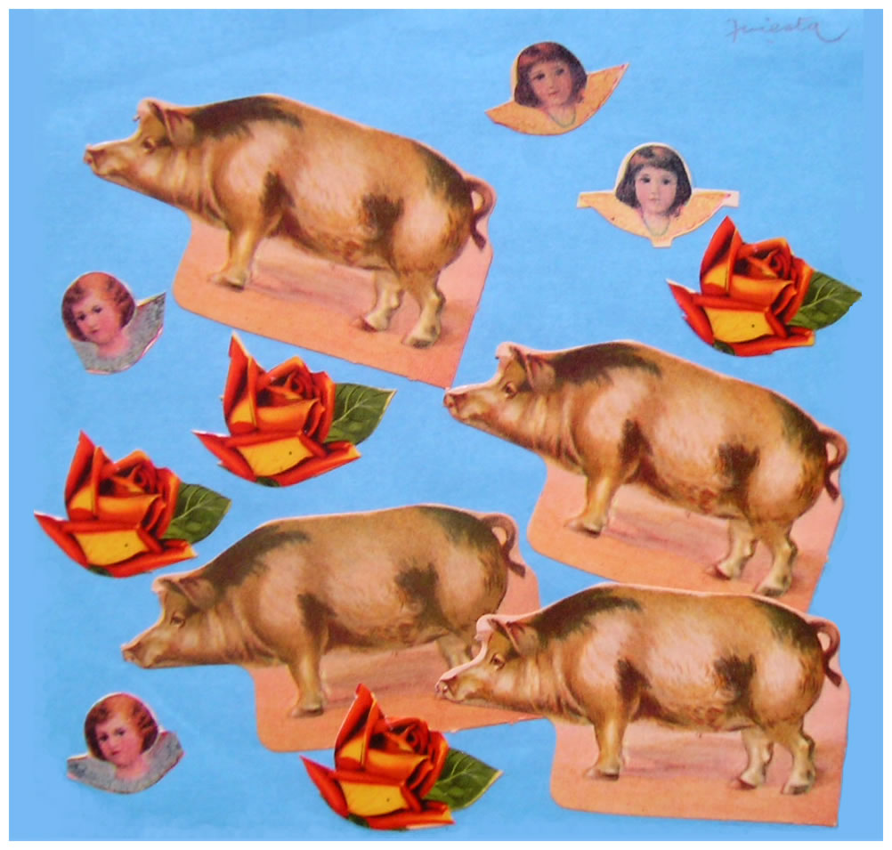 Cerdos,  papel collage, 15 cm x 15 cm, 1999