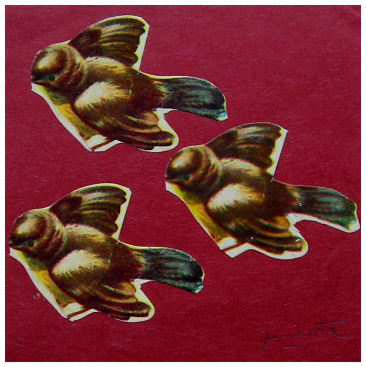 Tres pájaros,  papel collage, 15 cm x 15 cm, 1999